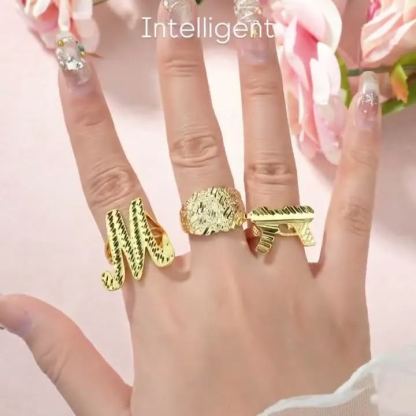 Nugget Ring Personalized Cursive Initial Letter Diamond Cut Ring