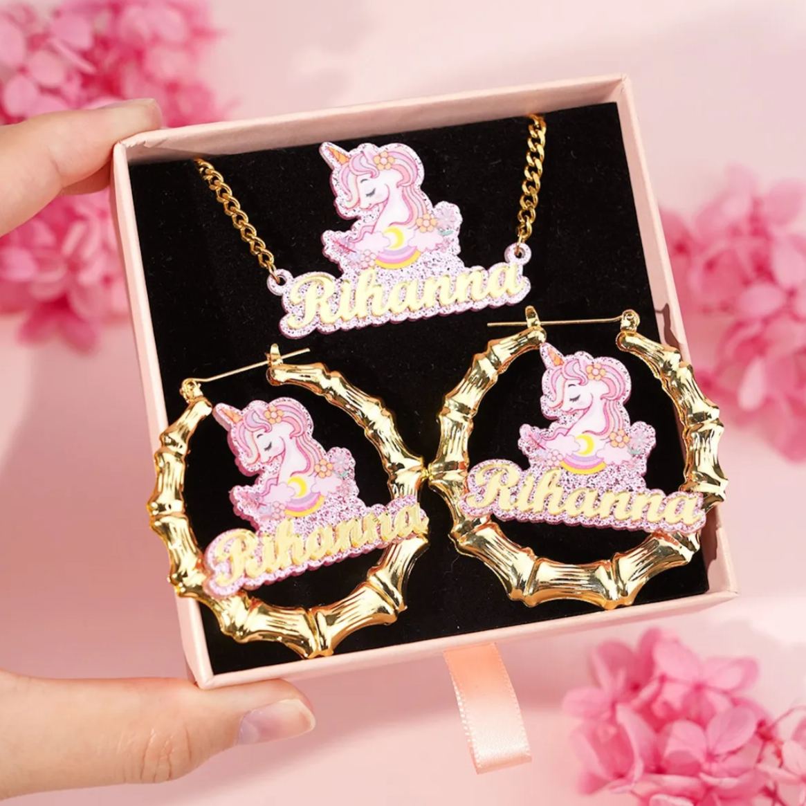 Pink Acrylic Unicorn Nameplate Jewelry Set Personalized Name Necklace and Bamboo Earrings
