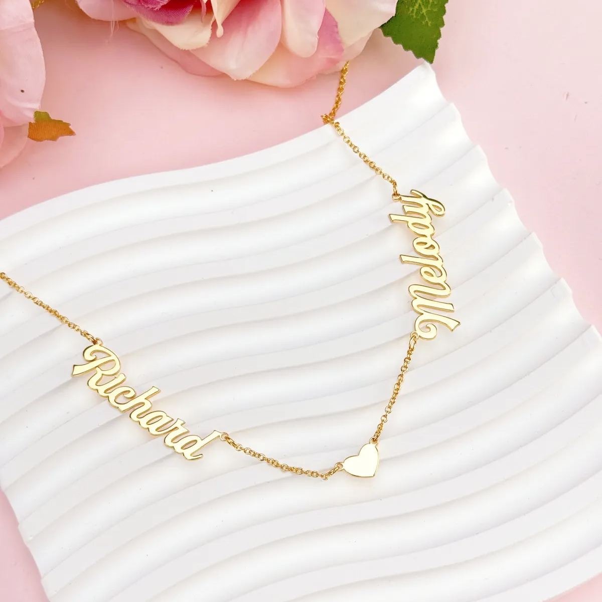 Gold Plated Personalized Two Names Necklace with Heart