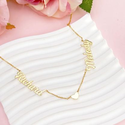 Gold Plated Personalized Two Names Necklace with Heart