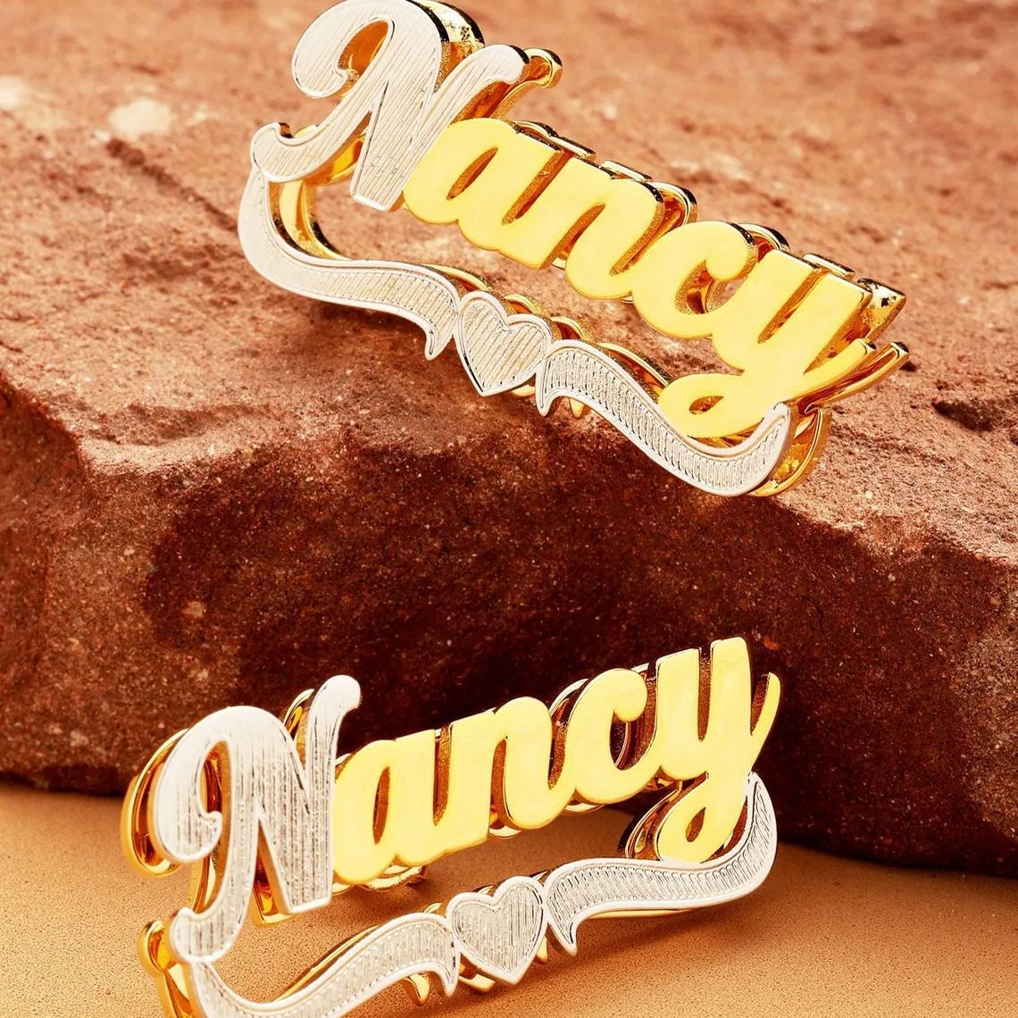 Custom Two Tone Double Plate Name Stud Earrings