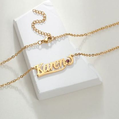 Star and Moon Personalized Birthstone Name Necklace Gold Plated