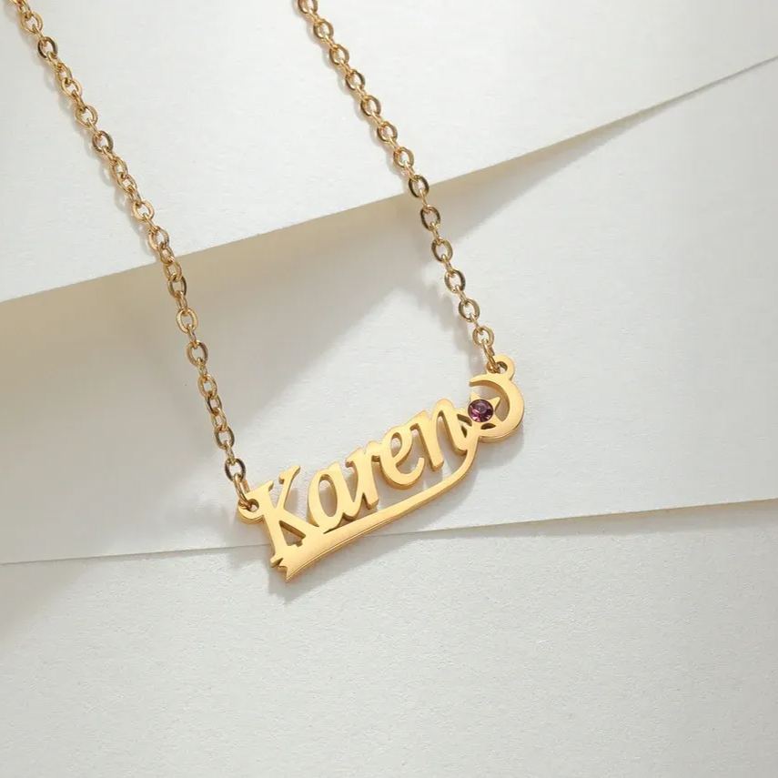 Star and Moon Personalized Birthstone Name Necklace Gold Plated