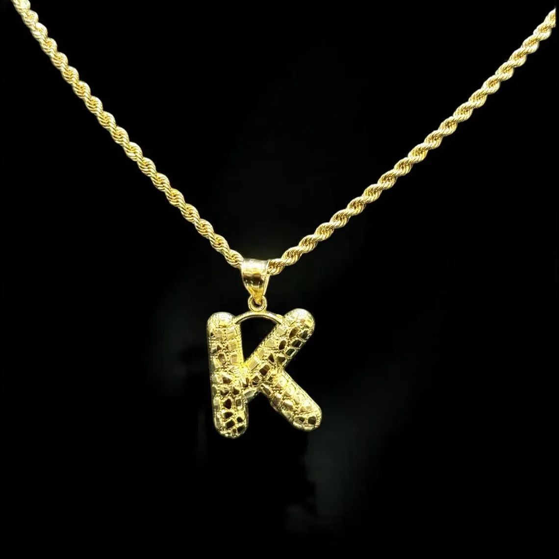 Nugget Style Custom Initial Bubble Letter Necklace Gold Plated