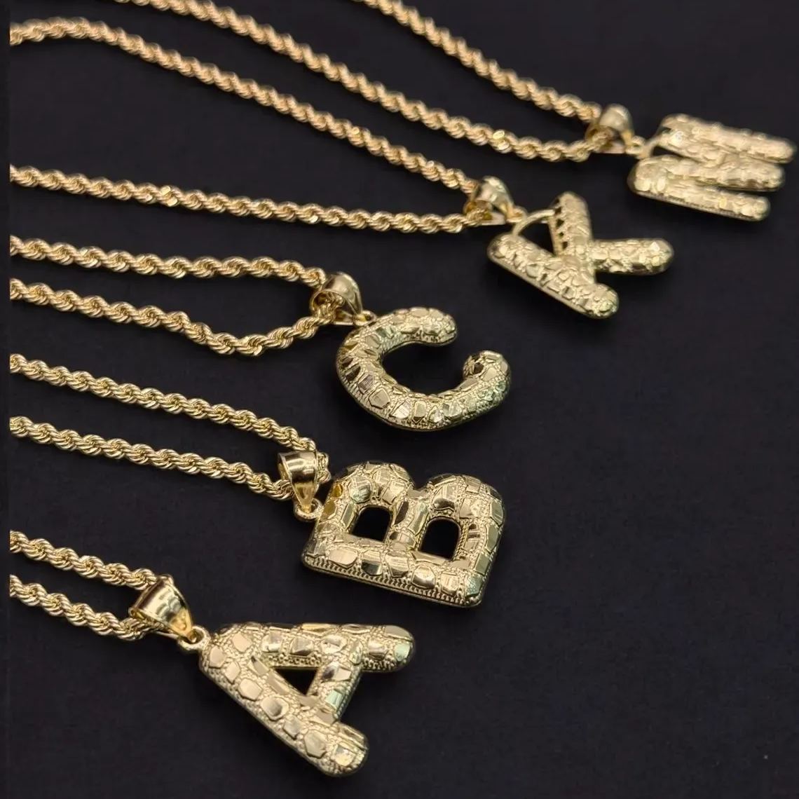 Nugget Style Custom Initial Bubble Letter Necklace Gold Plated
