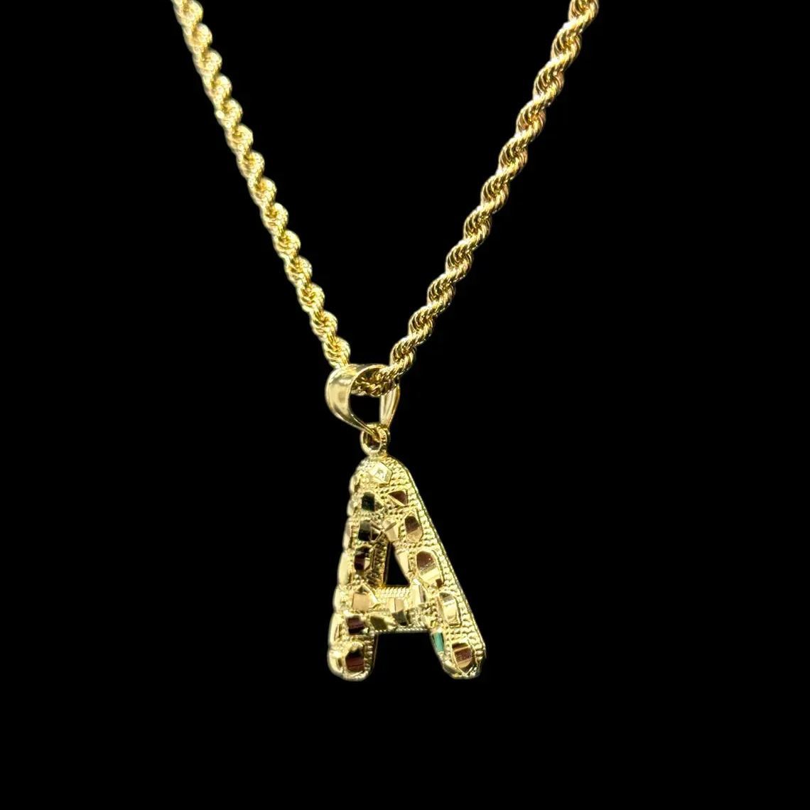 Nugget Style Custom Initial Bubble Letter Necklace Gold Plated