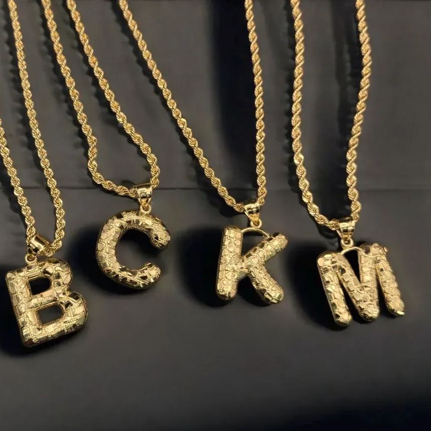 Nugget Style Custom Initial Bubble Letter Necklace Gold Plated