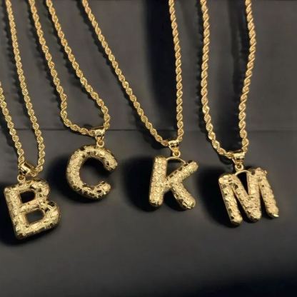Nugget Style Custom Initial Bubble Letter Necklace Gold Plated