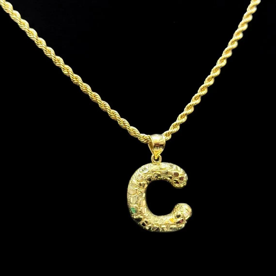 Nugget Style Custom Initial Bubble Letter Necklace Gold Plated