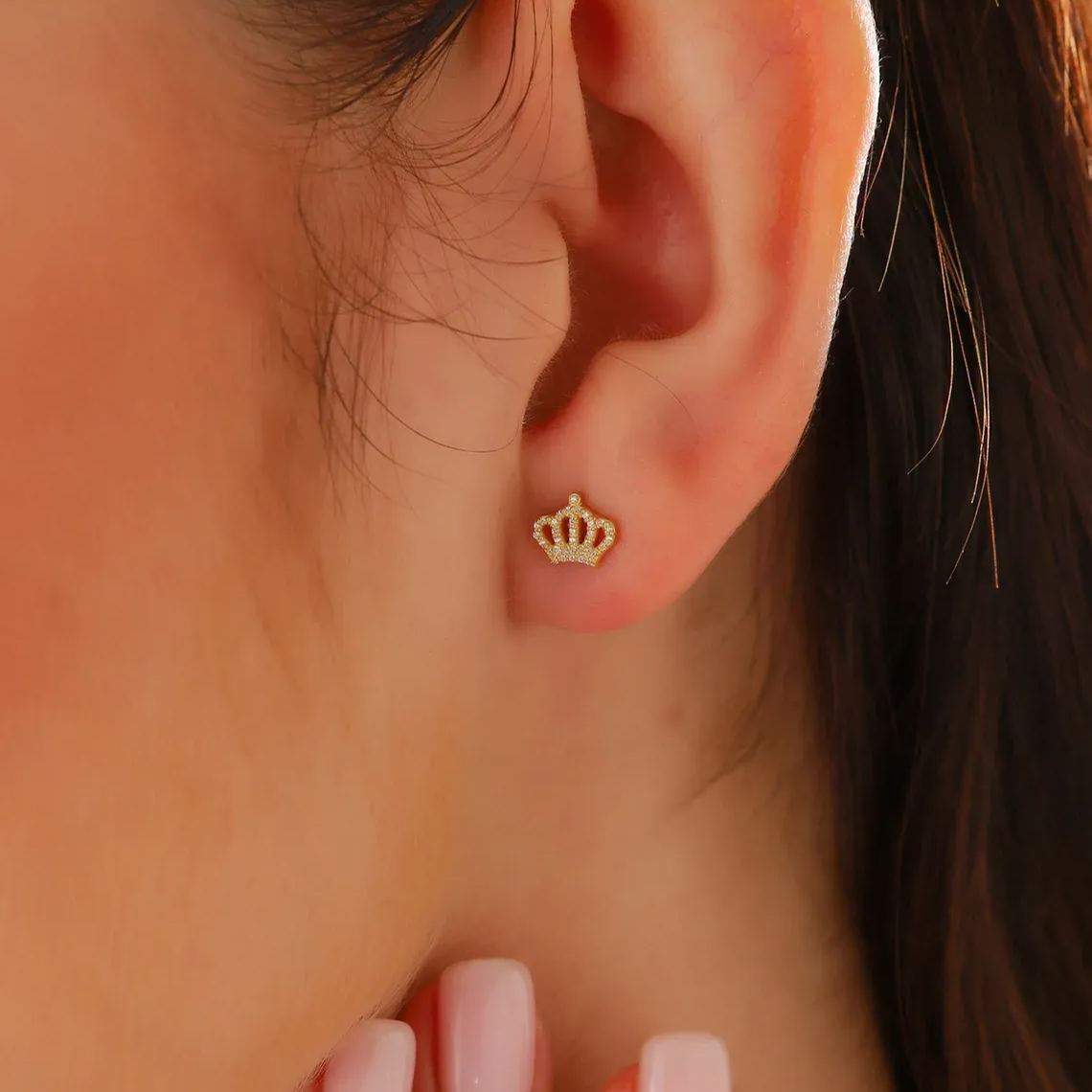 CZ Crown Tiny Stud Earrings Minimalist Princess Earrings