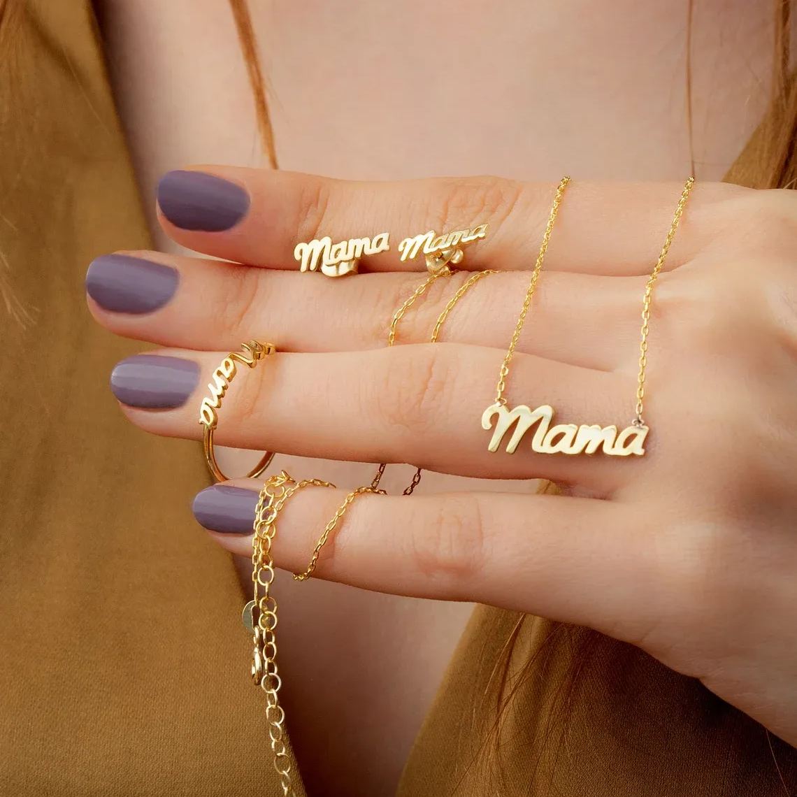 Mama Mothers Day Gift Jewelry Set Gold Necklace Ring and Earrings Set 