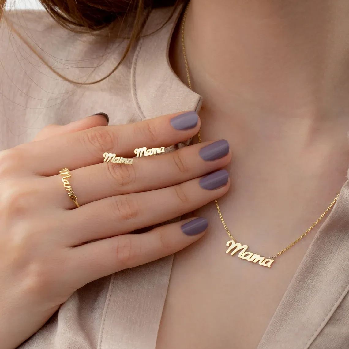 Mama Mothers Day Gift Jewelry Set Gold Necklace Ring and Earrings Set 