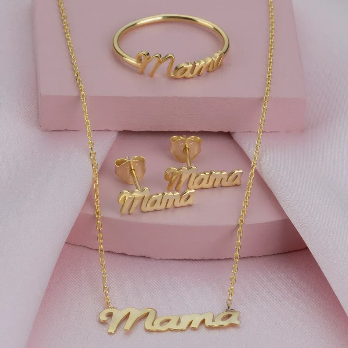 Mama Mothers Day Gift Jewelry Set Gold Necklace Ring and Earrings Set