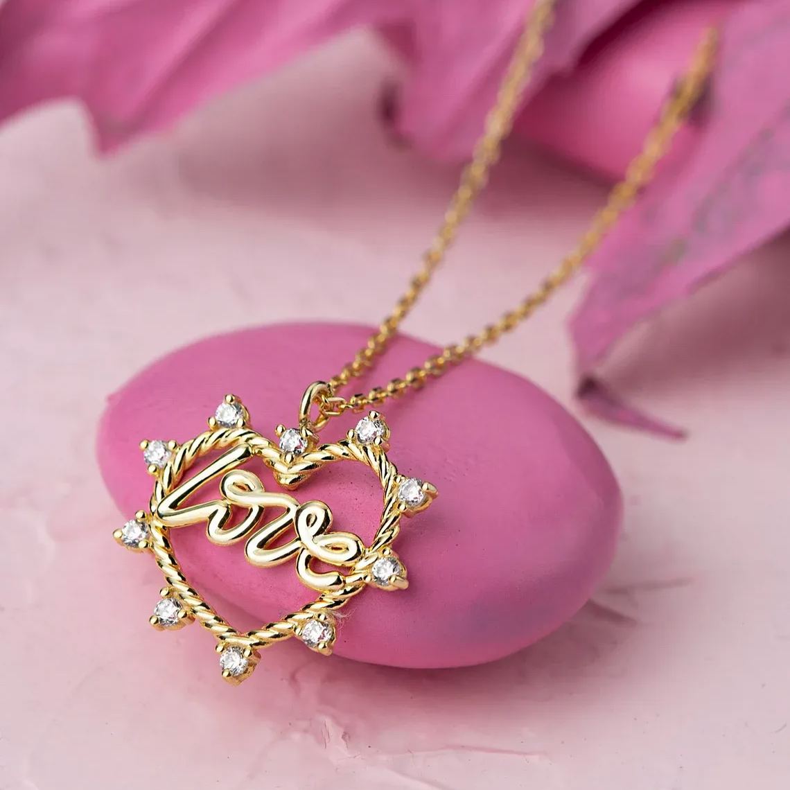 Gold Plated CZ Heart Love with Diamond Necklace 