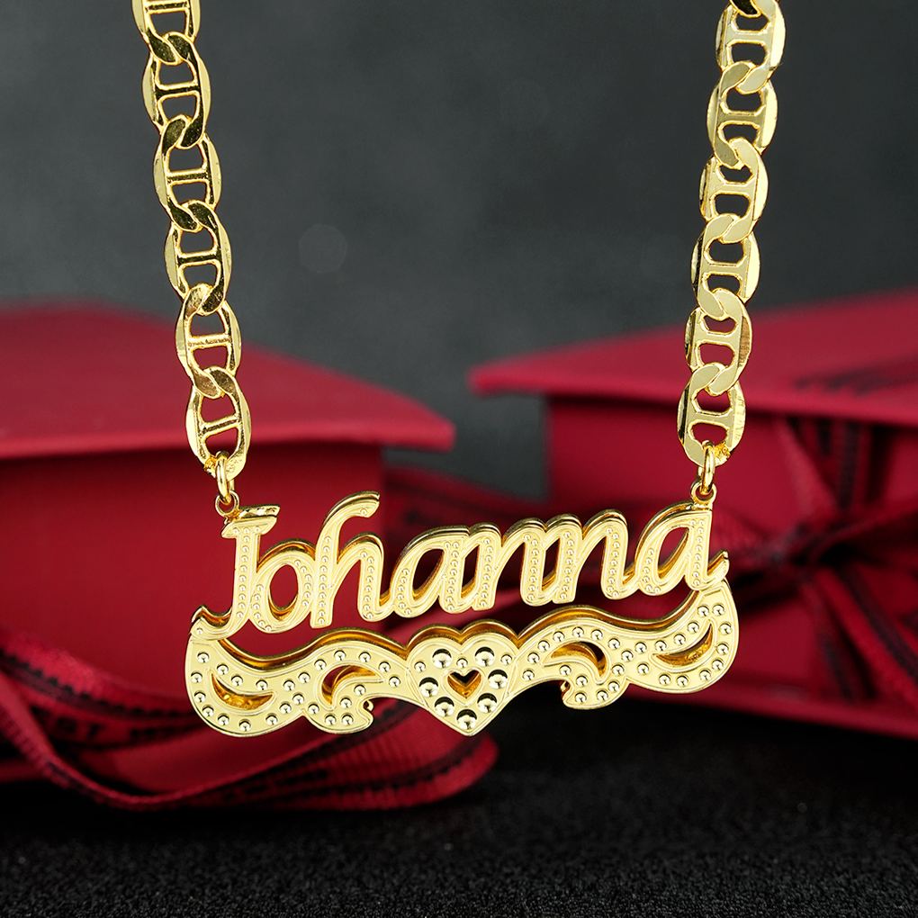 Double Layer Nameplate with Heart Mariner Chain Personalized Name Necklace 
