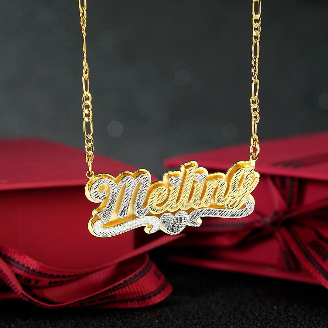 Two Tone Double Layer Gold Plated Personalized Custom Heart Nameplate Necklace