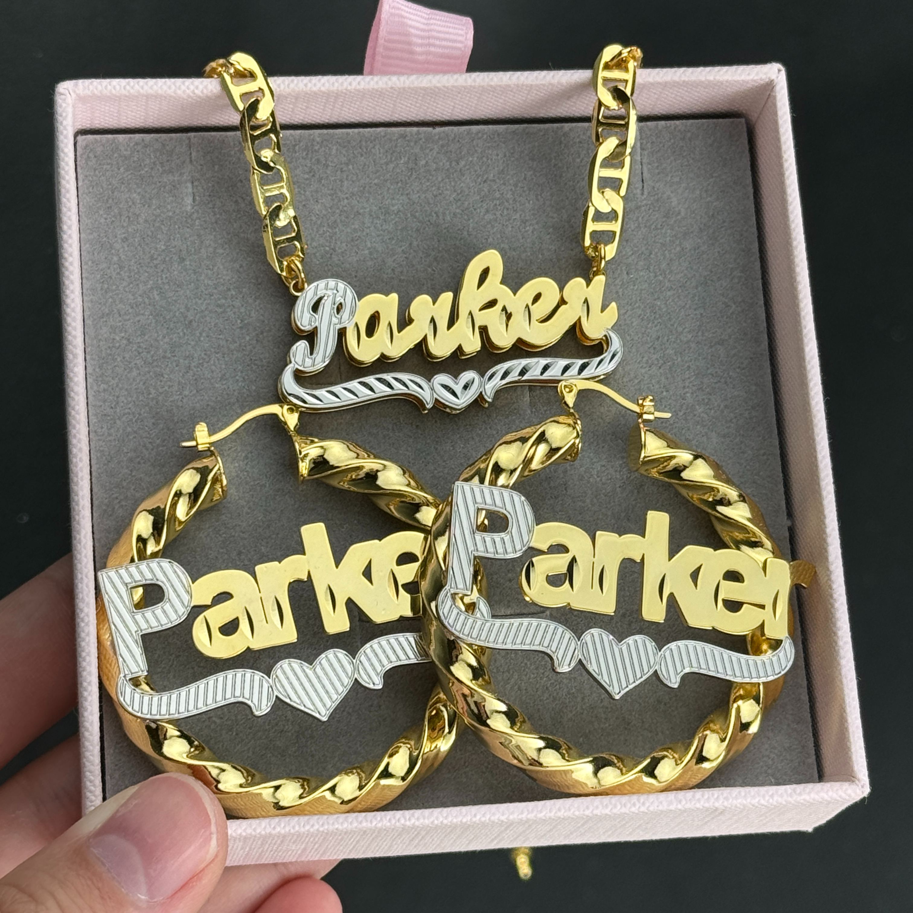 Heart Set Custom Double Plate Two Tone Necklace And Hoop Name Earrings