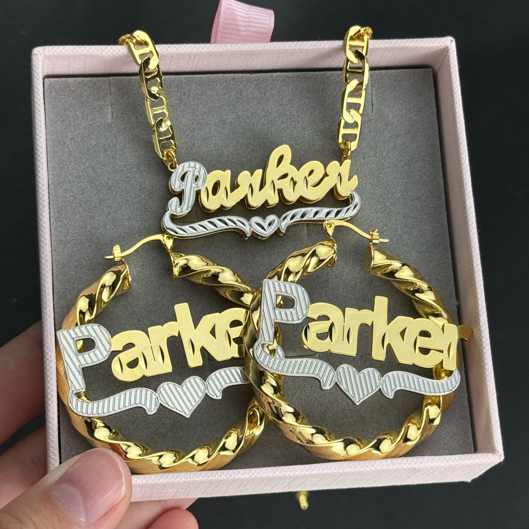 Heart Set Custom Double Plate Two Tone Necklace And Hoop Name Earrings