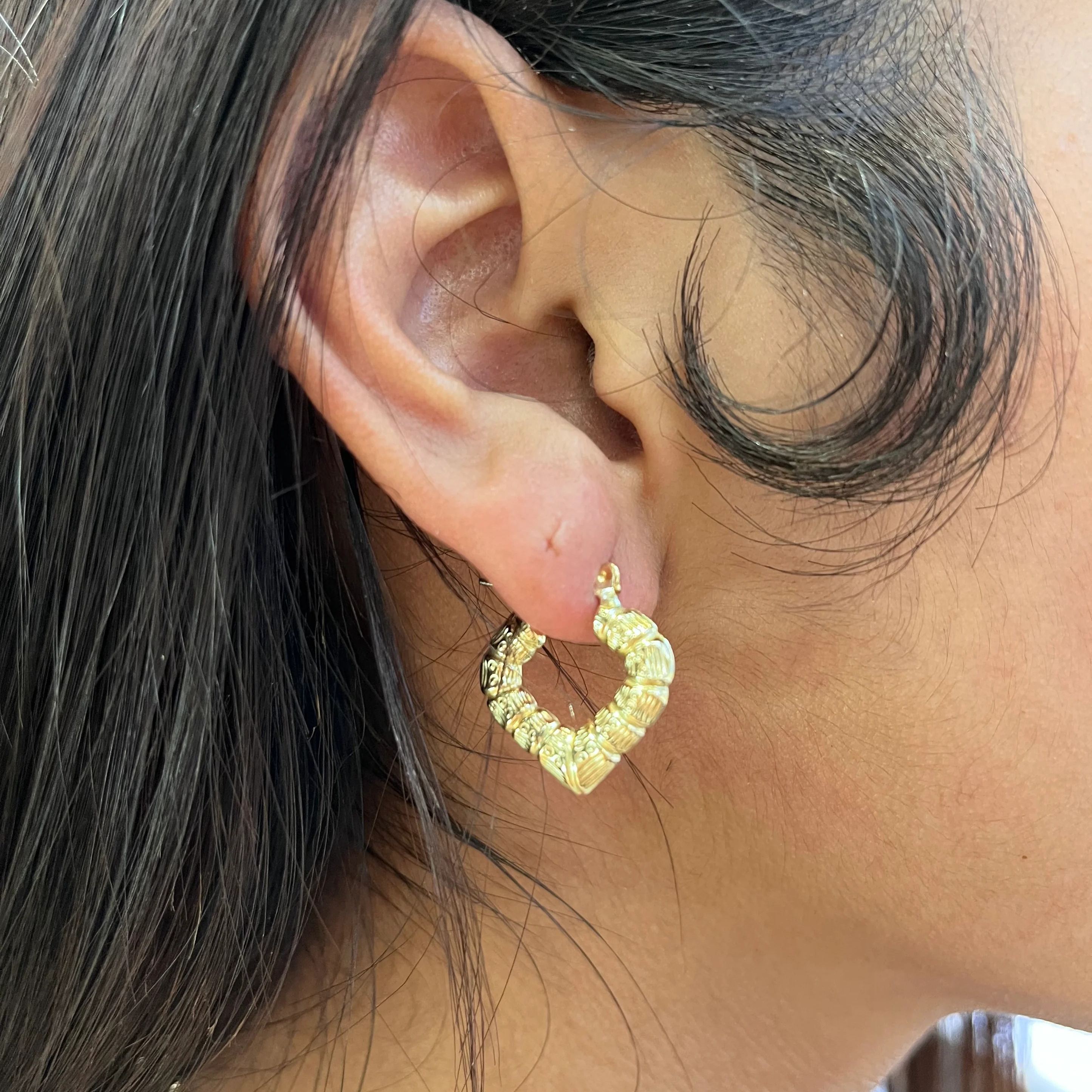 Gold Bamboo Heart Hoop Earrings
