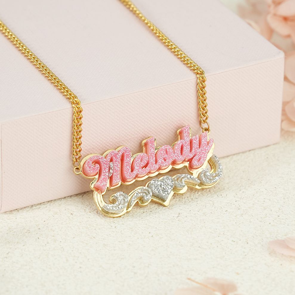 Double Plate Pink Acrylic Nameplate with Heart Personalized Custom Name Necklace