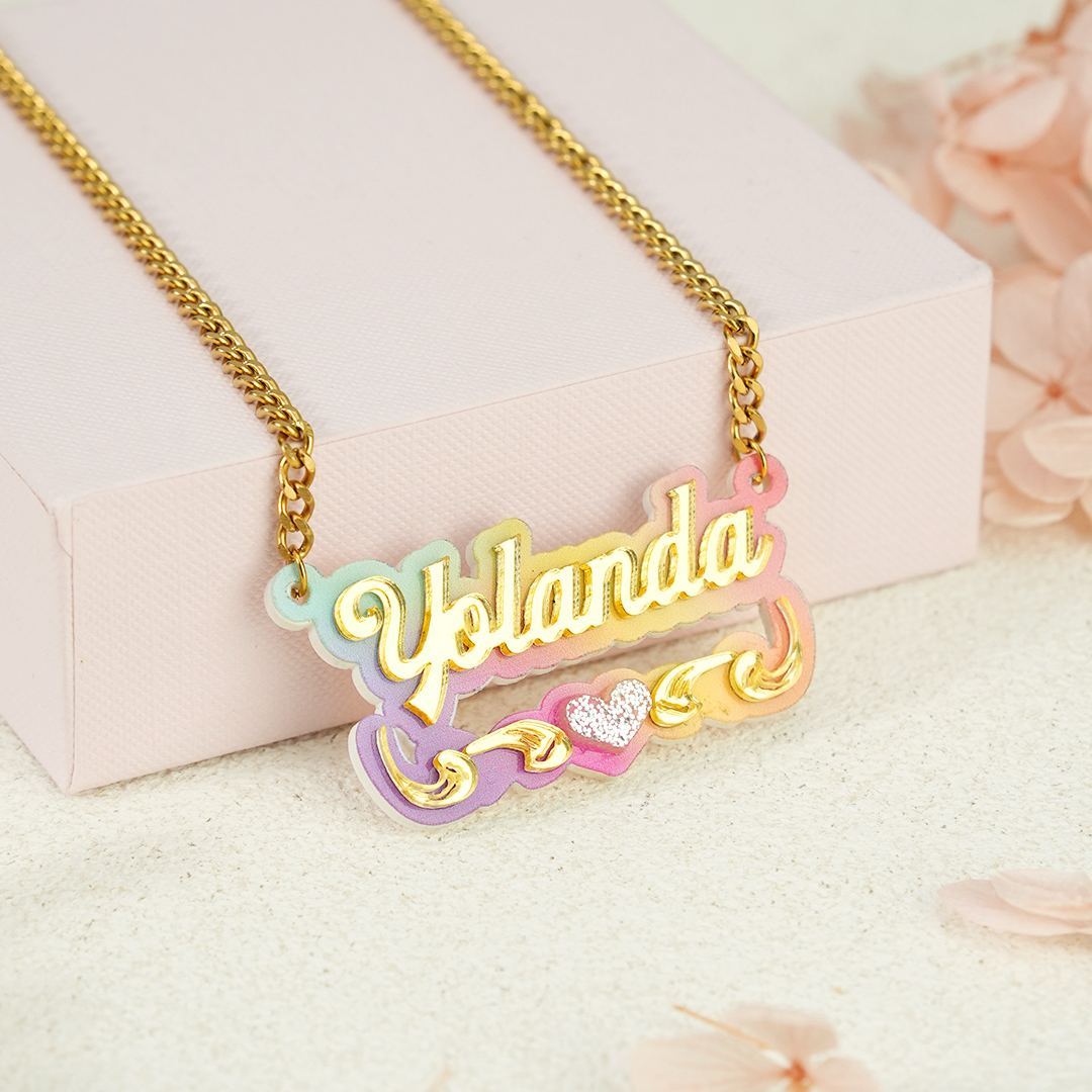 Personalized Custom Colorful Acrylic Nameplate with Heart Gold Plated Name Necklace