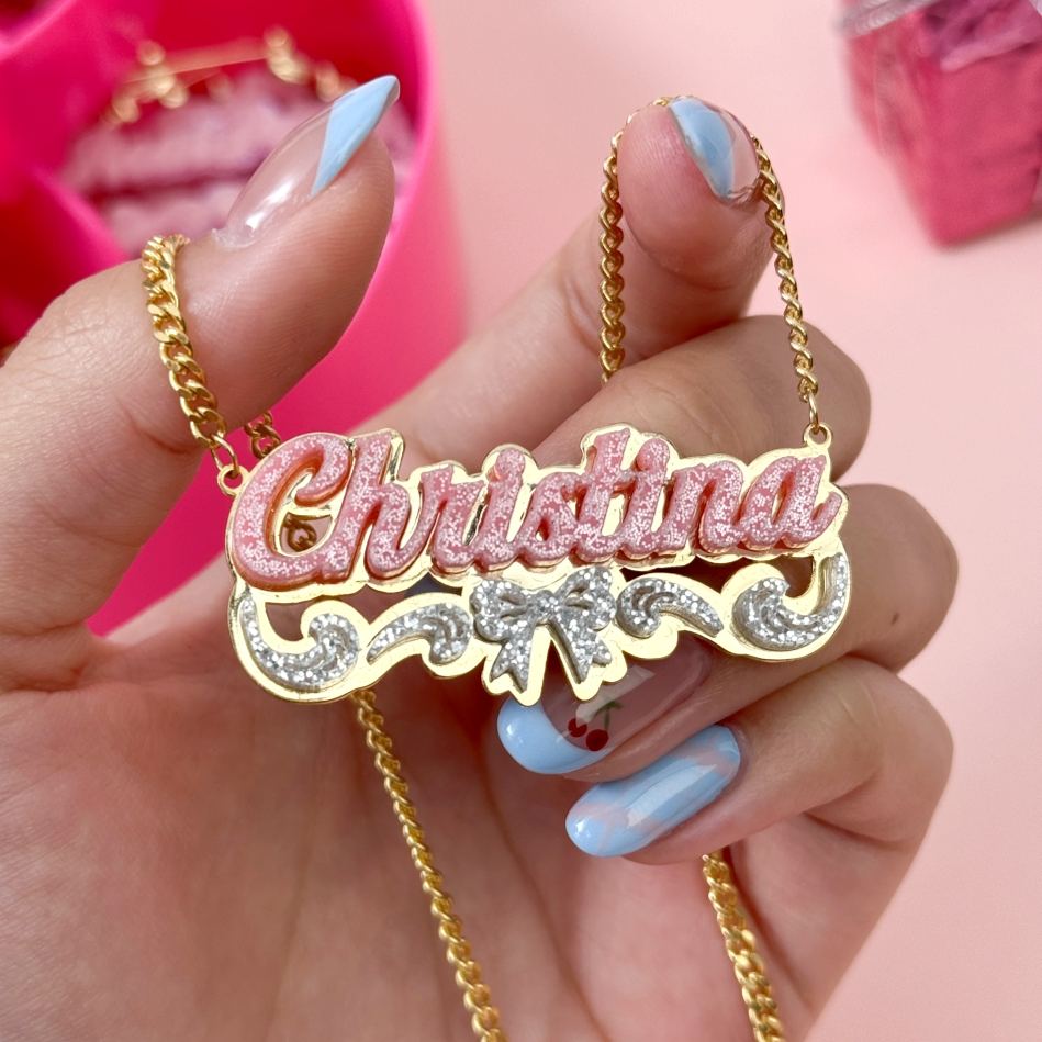 Girls Bowknot Pink Acrylic Personalized Name Necklace with Heart