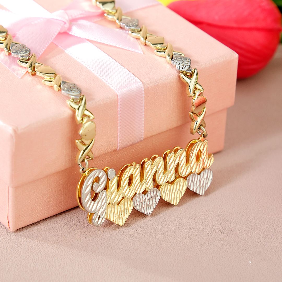 Double Layer Two Tone Four Hearts Nameplate XOXO Chain Name Necklace