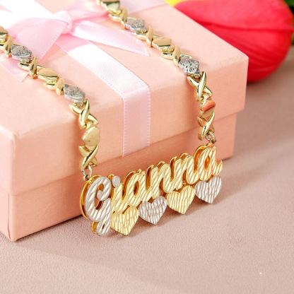 Double Layer Two Tone Four Hearts Nameplate XOXO Chain Name Necklace