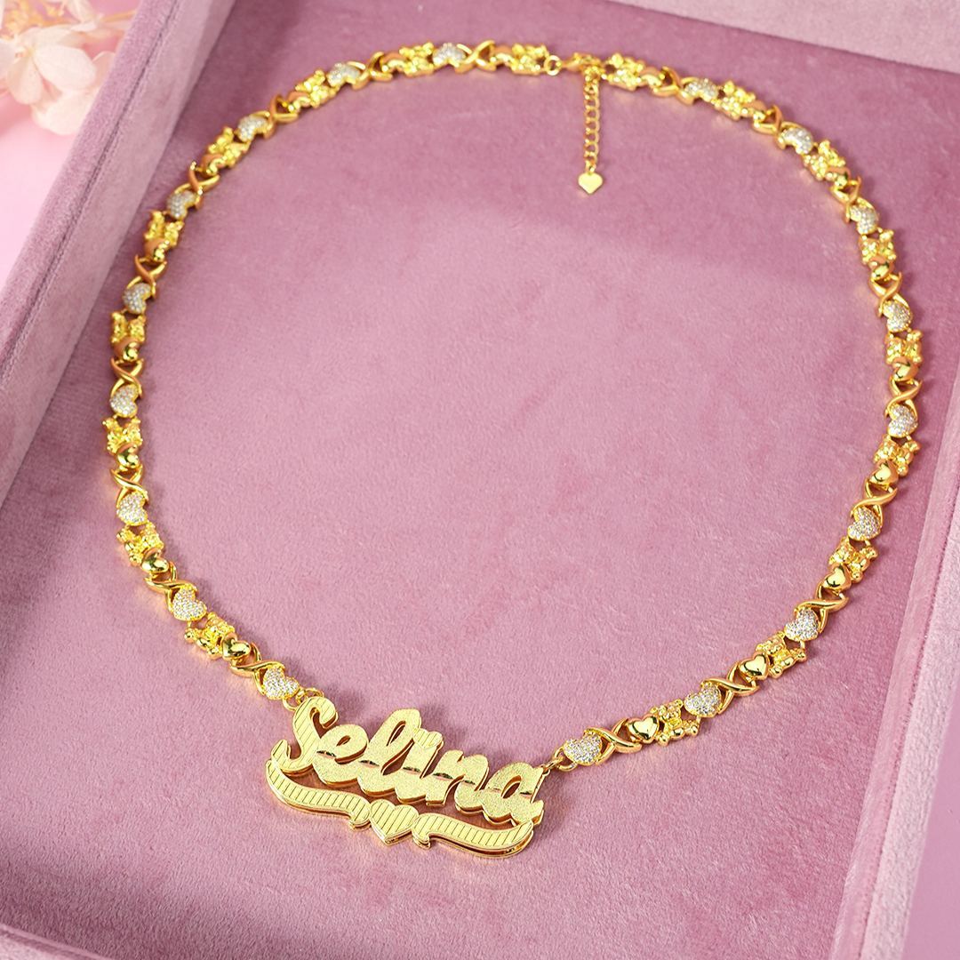 Teddy XOXO Chain Double Layer Heart Personalized Custom Gold Plated Name Necklace