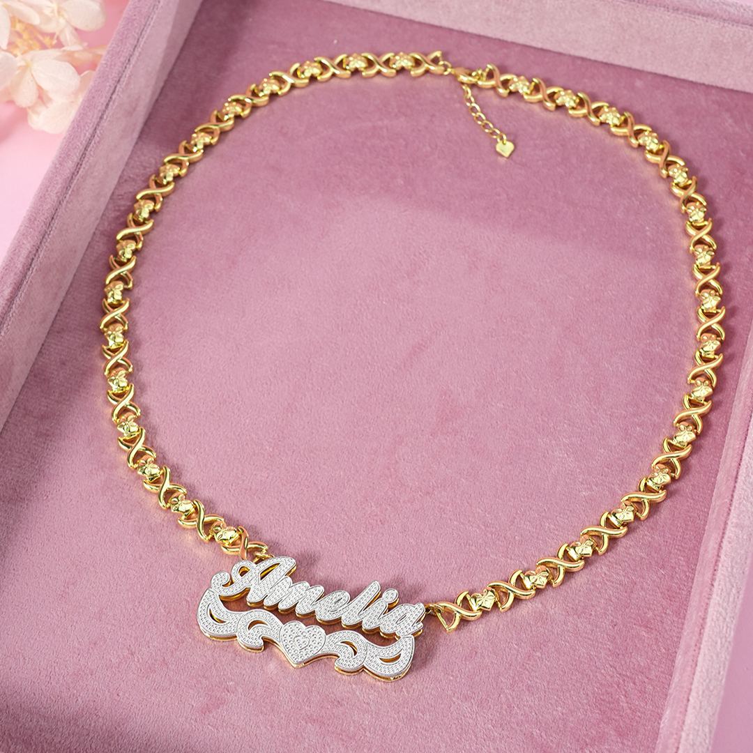 Double Layer Two Tone with Love Heart Gold Plated Personalized Custom 3D Name Necklace