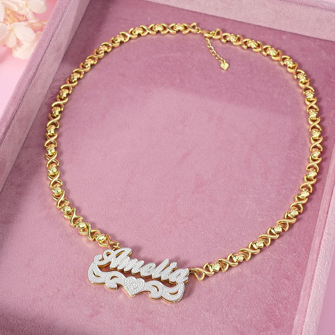 Double Layer Two Tone with Love Heart Gold Plated Personalized Custom 3D Name Necklace