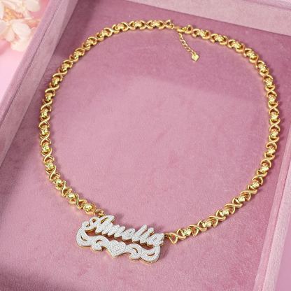 Double Layer Two Tone with Love Heart Gold Plated Personalized Custom 3D Name Necklace