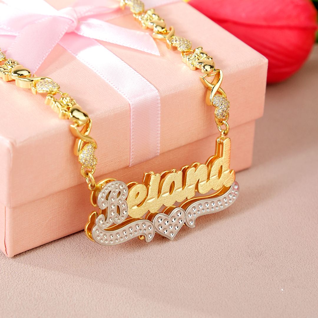 Teddy Heart XOXO Chain Double Layer Two Tone with Heart Personalized Custom Gold Plated Name Necklace