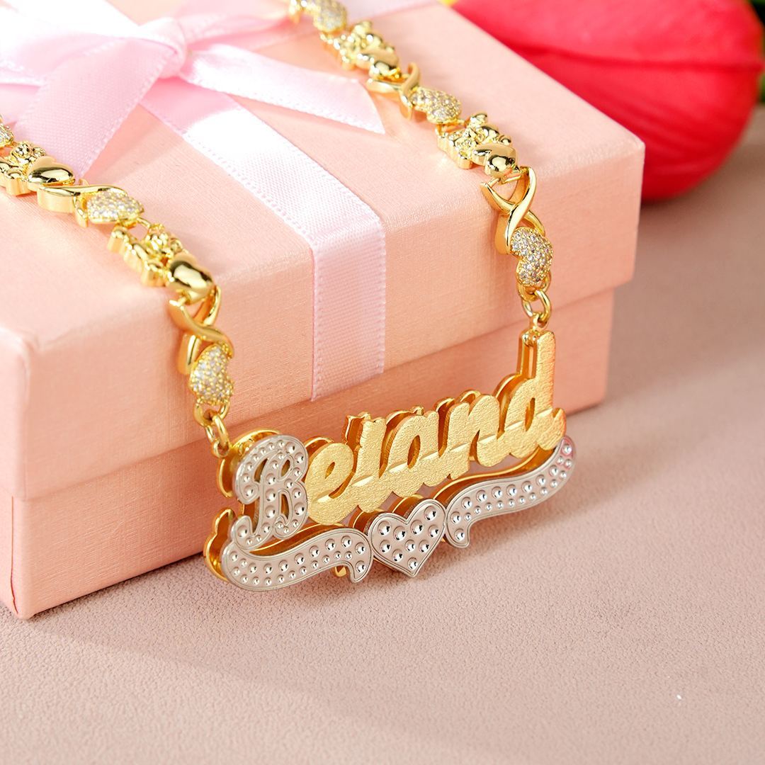 Teddy Heart XOXO Chain Double Layer Two Tone with Heart Personalized Custom Gold Plated Name Necklace