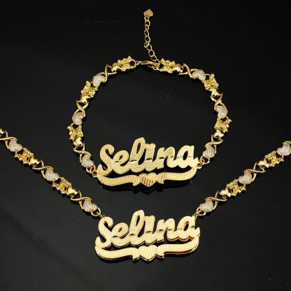 Teddy XOXO Chain Double Layer Heart Personalized Custom Gold Plated Name Necklace and Bracelet Set