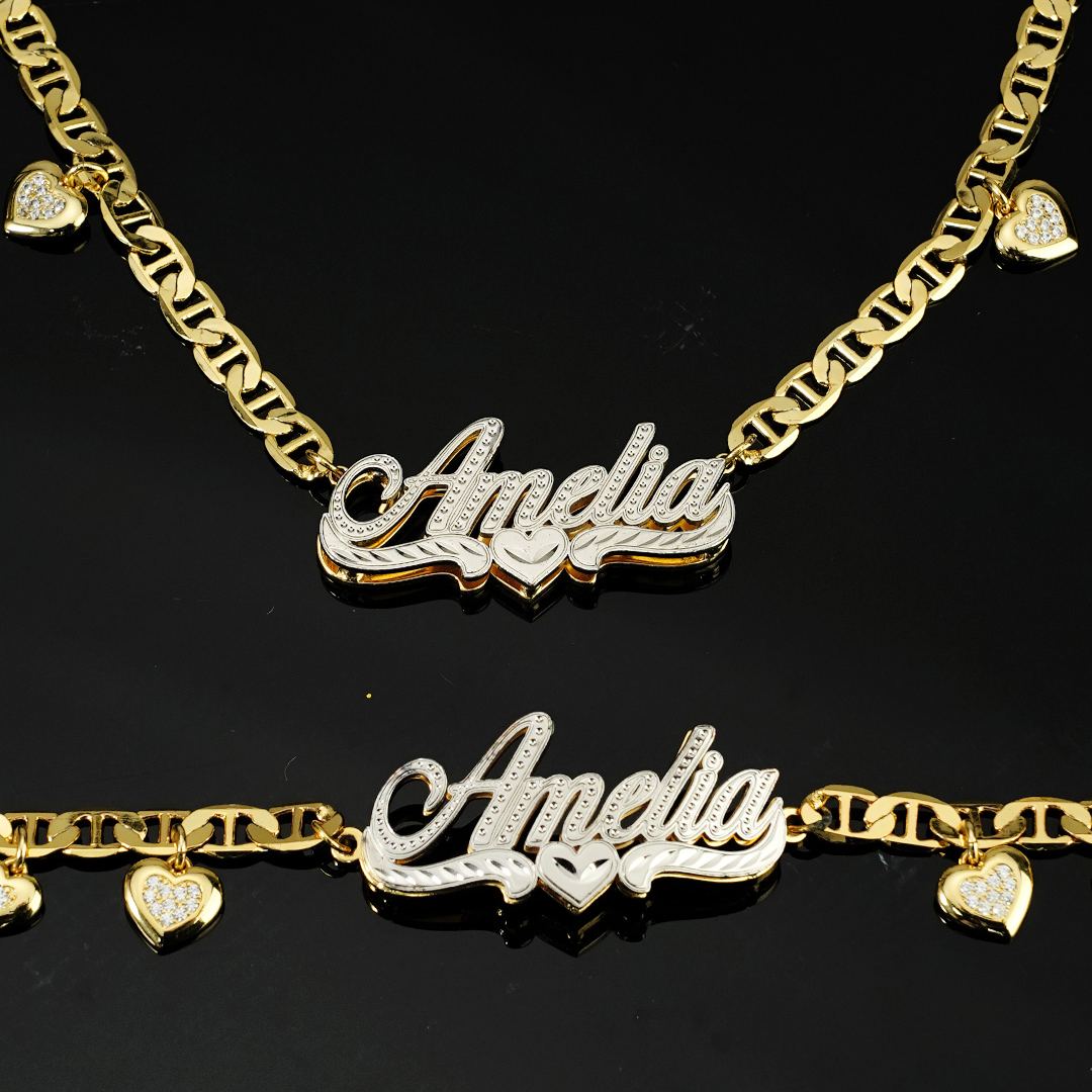 Mariner Chain Double Layer With Heart Pendant Personalized Name Necklace and Name Bracelet Set