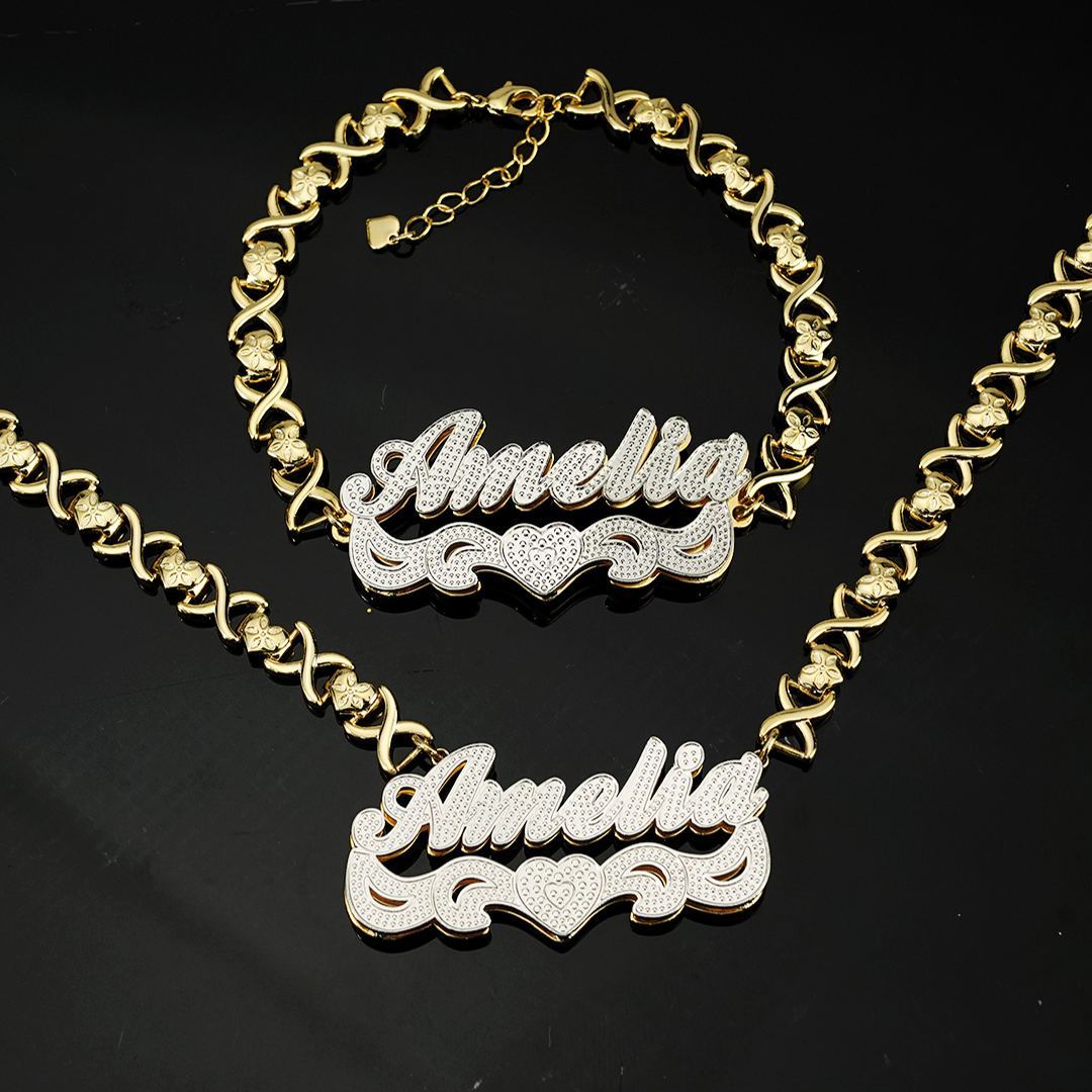Double Layer Two-tone with Love Heart Custom Name Necklace and Bracelet Set
