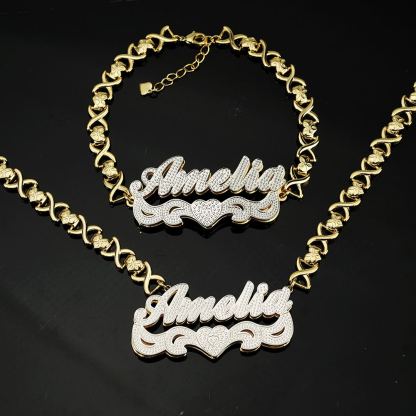 Double Layer Two-tone with Love Heart Custom Name Necklace and Bracelet Set