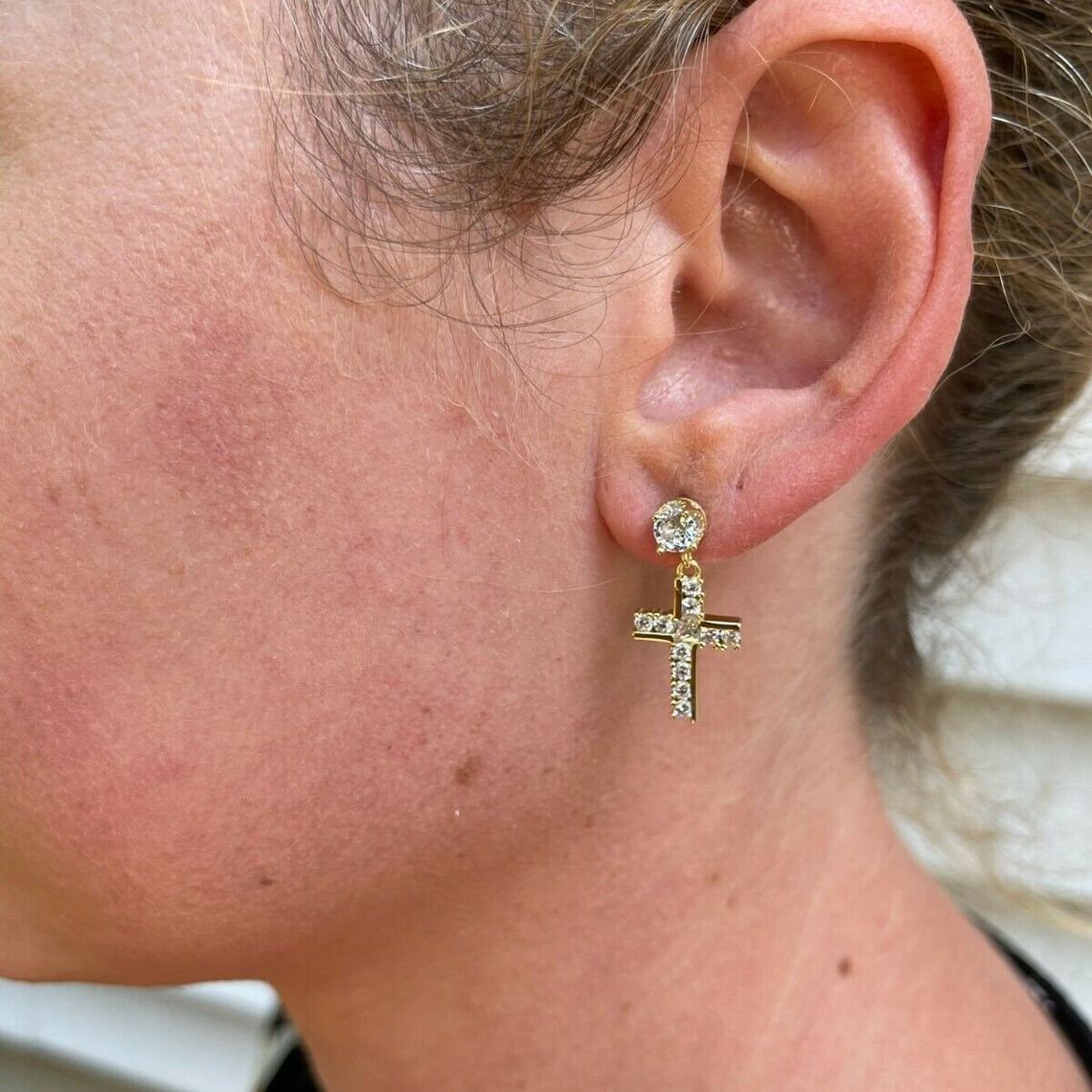 Gold Plated Zirconia Drop Cross Dangle Earrigs