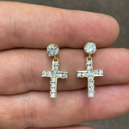 Gold Plated Zirconia Drop Cross Dangle Earrigs