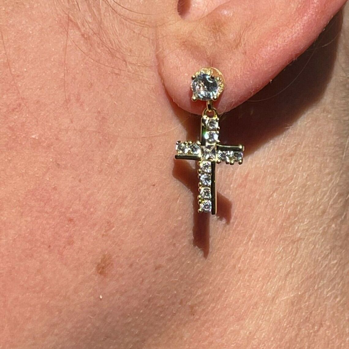 Gold Plated Zirconia Drop Cross Dangle Earrigs