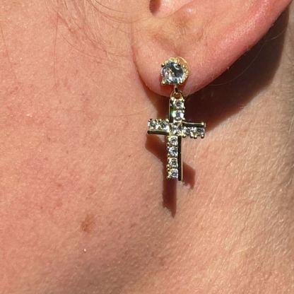 Gold Plated Zirconia Drop Cross Dangle Earrigs