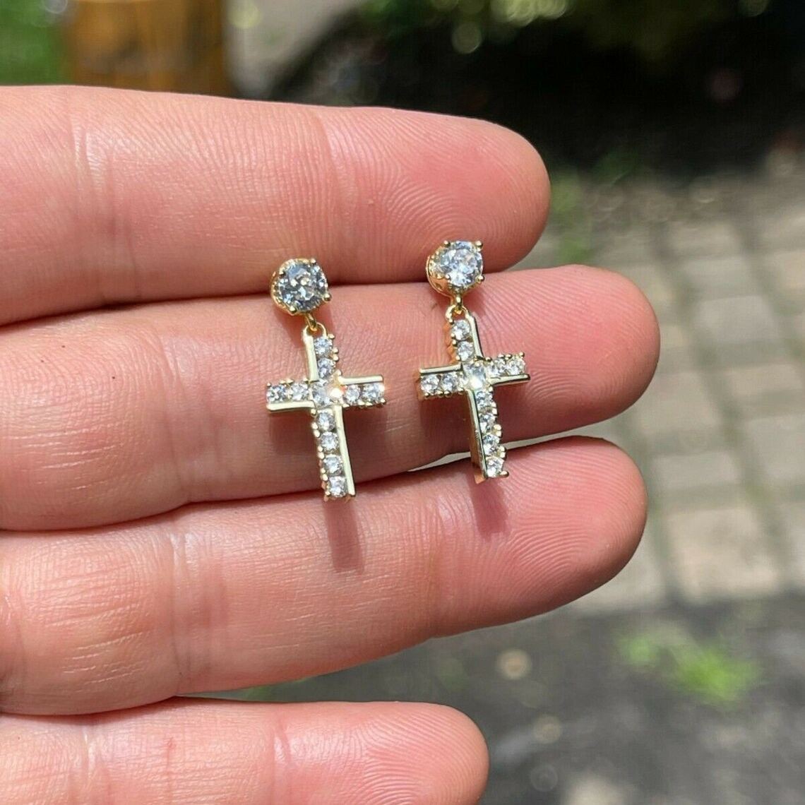 Gold Plated Zirconia Drop Cross Dangle Earrigs