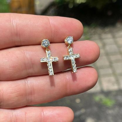 Gold Plated Zirconia Drop Cross Dangle Earrigs