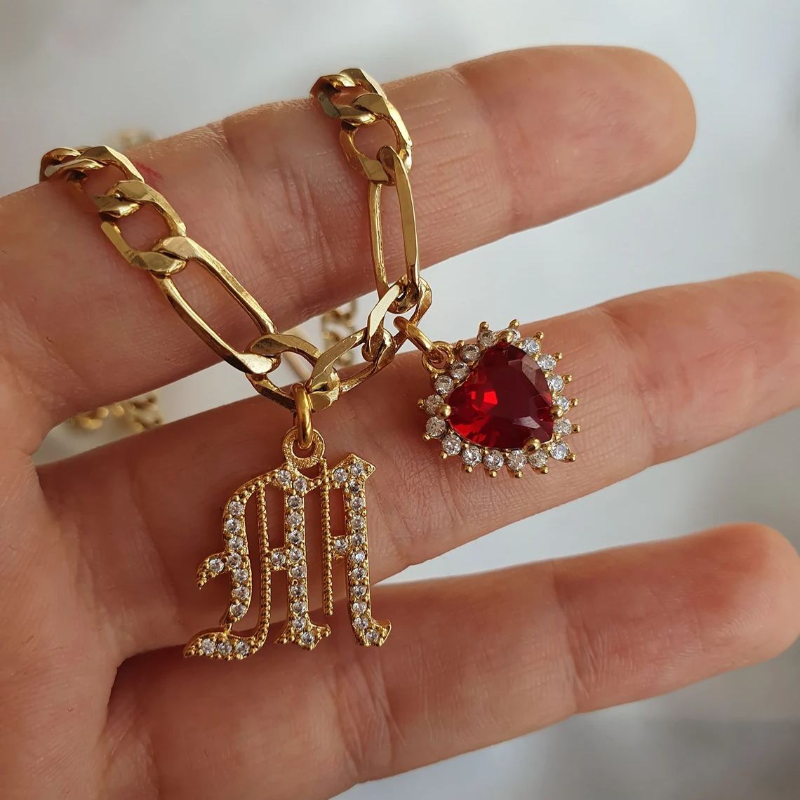 Zircon Heart Shape Birthstone Old English Initial Personalized Necklace