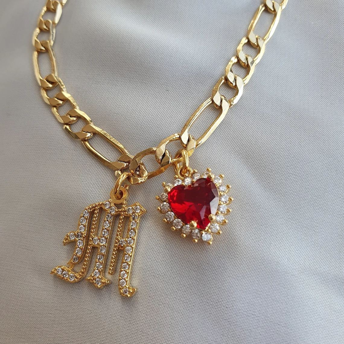 Zircon Heart Shape Birthstone Old English Initial Personalized Necklace