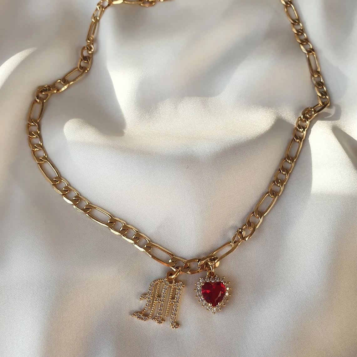 Zircon Heart Shape Birthstone Old English Initial Personalized Necklace