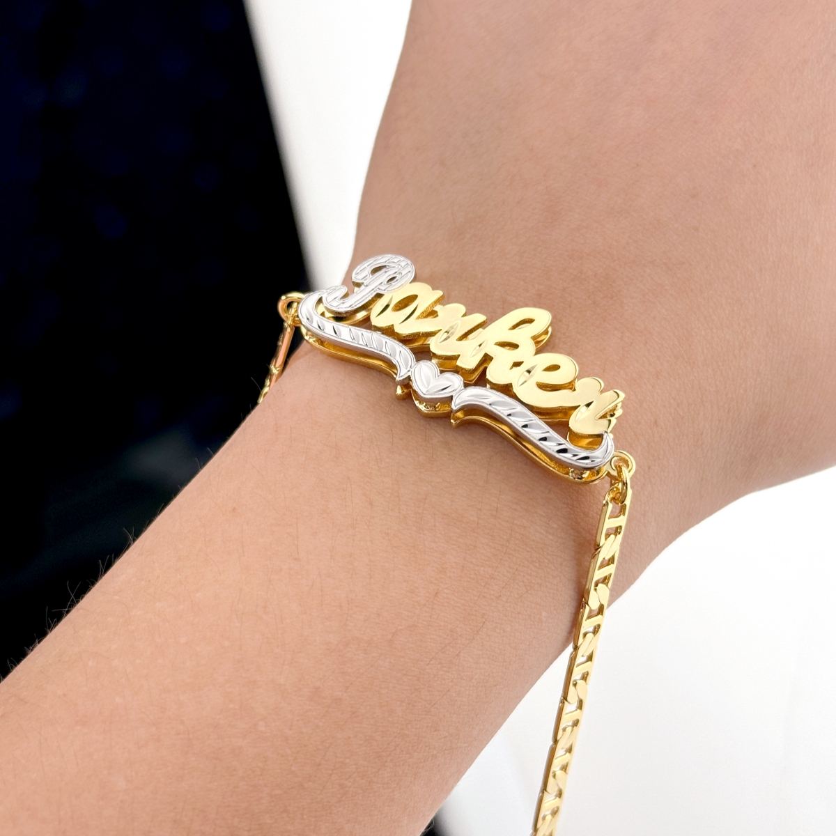 Two Tone Gold Plated Personalized Heart Name Bracelet