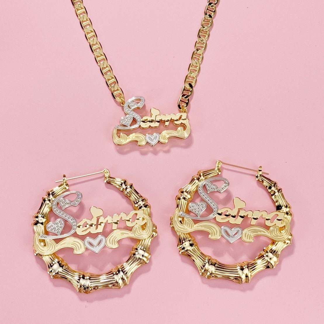 Marine Chain Heart Double Plate Name Necklace Bamboo Earrings Set