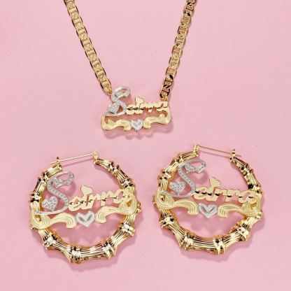 Marine Chain Heart Double Plate Name Necklace Bamboo Earrings Set